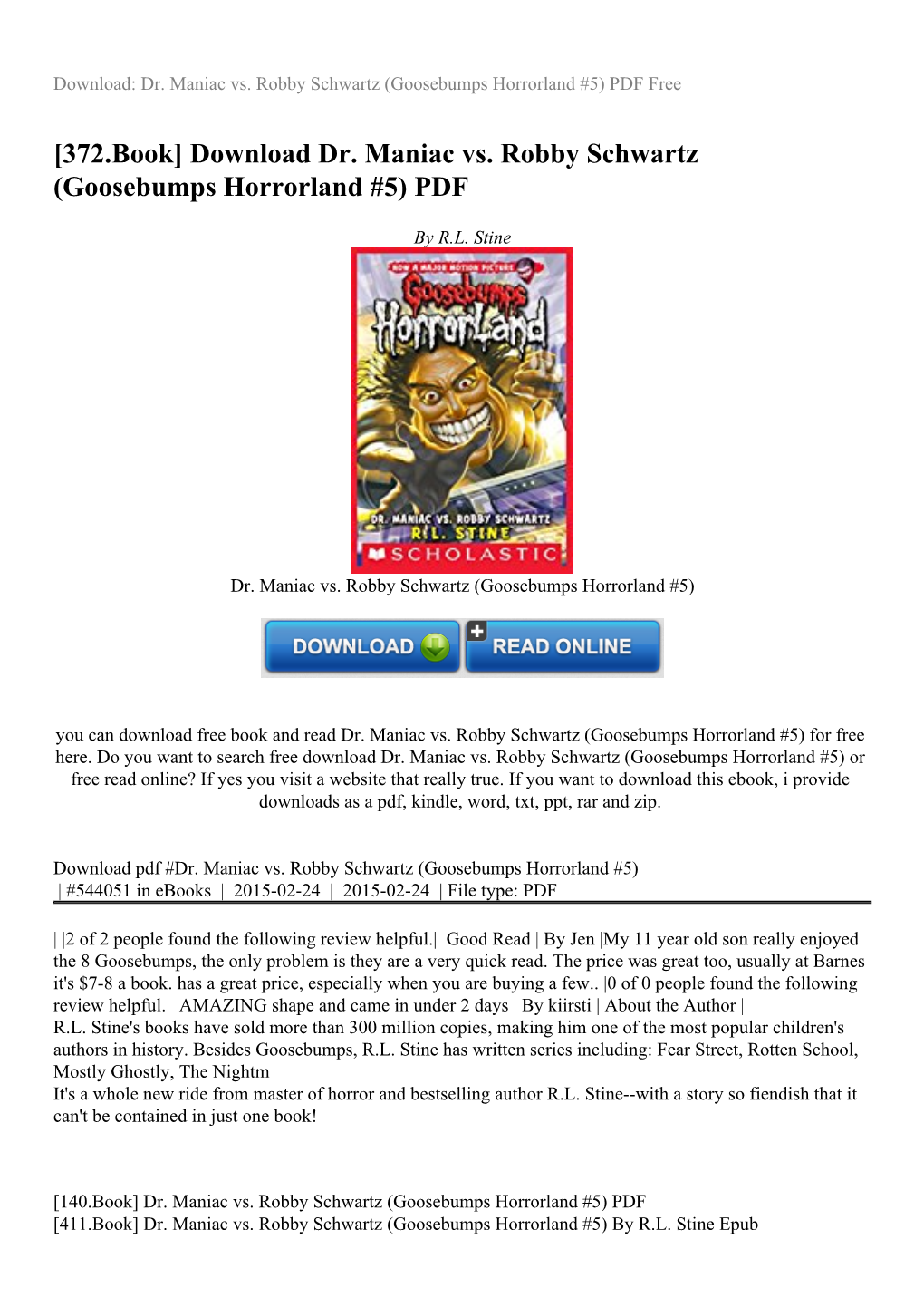 Download Dr Maniac Vs Robby Schwartz Goosebumps Horrorland Pdf Docslib