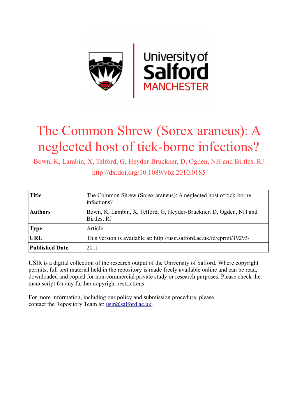 (Sorex Araneus): a Neglected Host of Tick-Borne Infections?