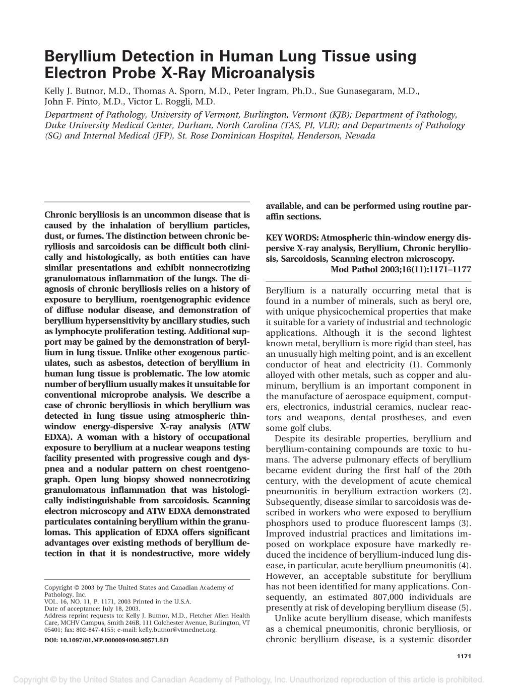 Beryllium Detection in Human Lung Tissue Using Electron Probe X-Ray Microanalysis Kelly J