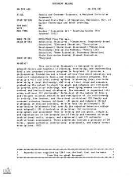 DOCUMENT RESUME Family and Consumer Sciences. a Maryland