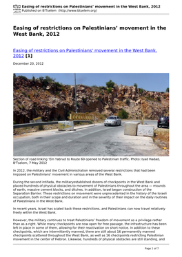 Easing of Restrictions on Palestinians' Movement in the West Bank, 2012