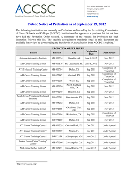 Public Notice of Probation As of September 19, 2012