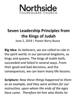 Seven Leadership Principles from the Kings of Judah June 2, 2019 | Pastor Barry Buzza