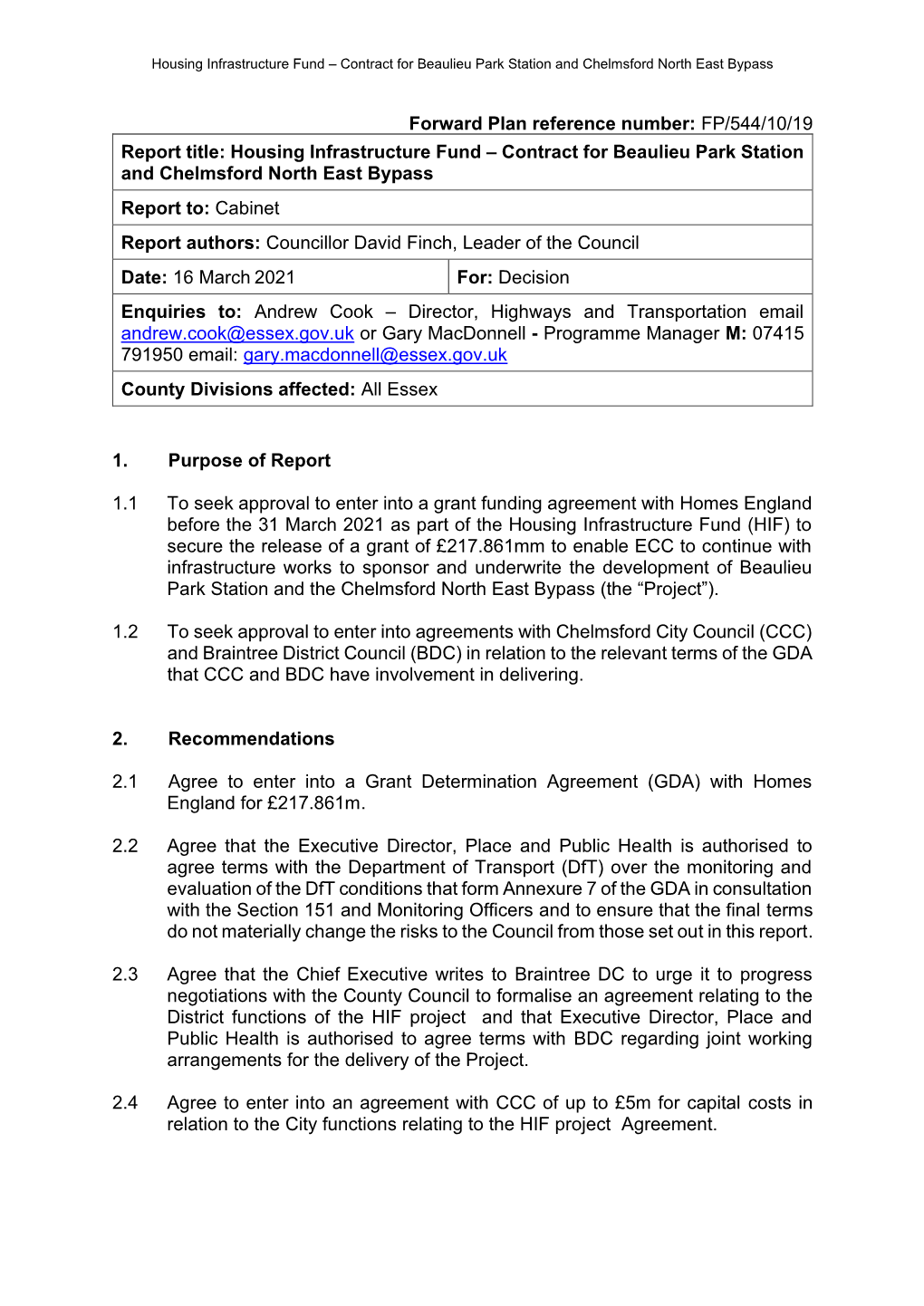 Housing Infrastructure Fund – Contract for Beaulieu Park Station and Chelmsford North East Bypass