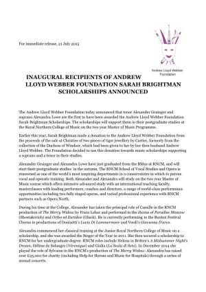 Inaugural Recipients of Andrew Lloyd Webber Foundation Sarah Brightman Scholarships Announced