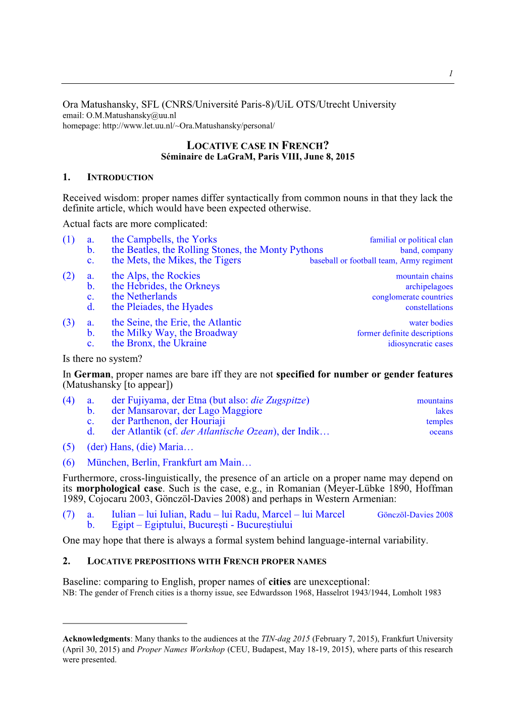 LOCATIVE CASE in FRENCH? Séminaire De Lagram, Paris VIII, June 8, 2015