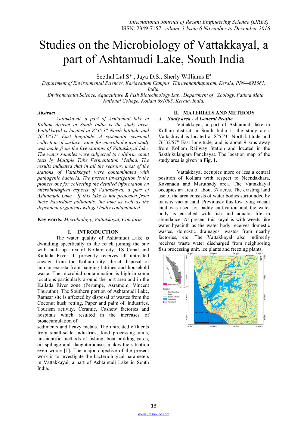 Studies on the Microbiology of Vattakkayal, a Part of Ashtamudi Lake, South India