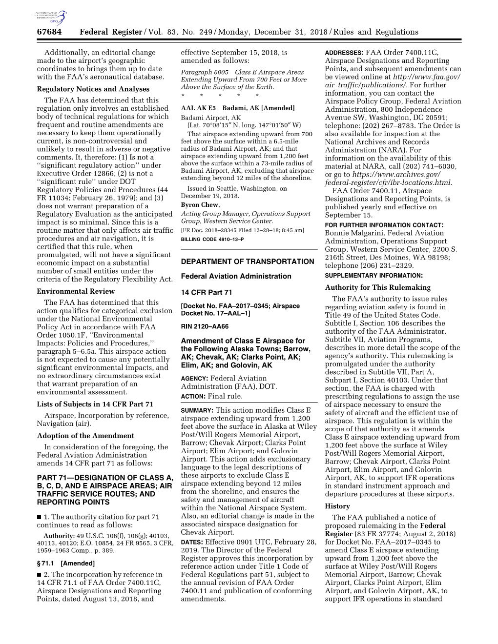 Federal Register/Vol. 83, No. 249/Monday, December 31, 2018