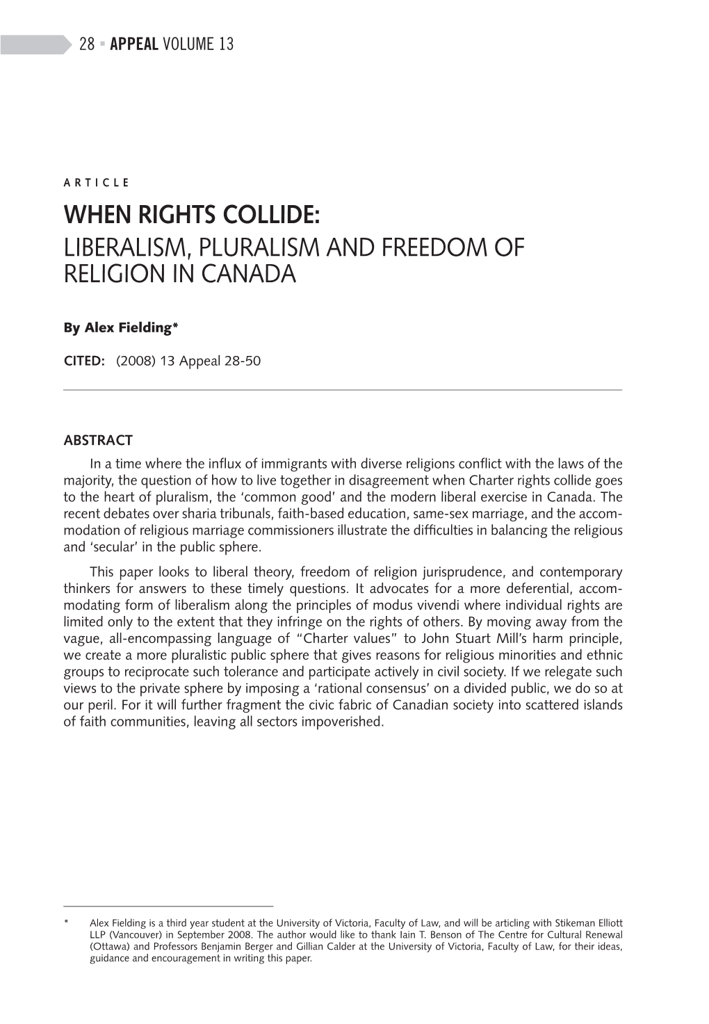 Liberalism, Pluralism and Freedom of Religion in Canada