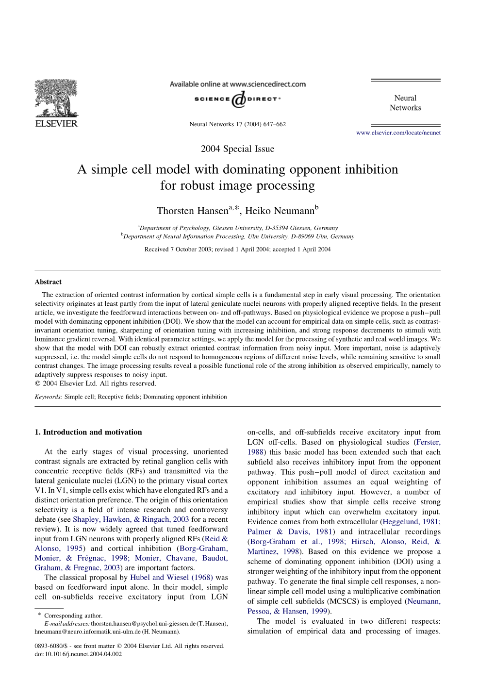 A Simple Cell Model with Dominating Opponent Inhibition for Robust Image Processing