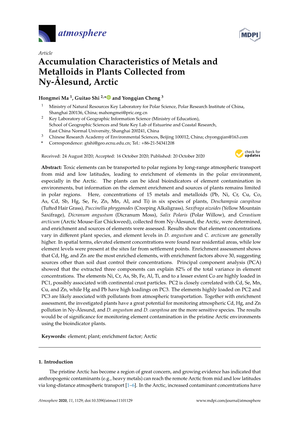 Accumulation Characteristics of Metals and Metalloids in Plants Collected from Ny-Ålesund, Arctic