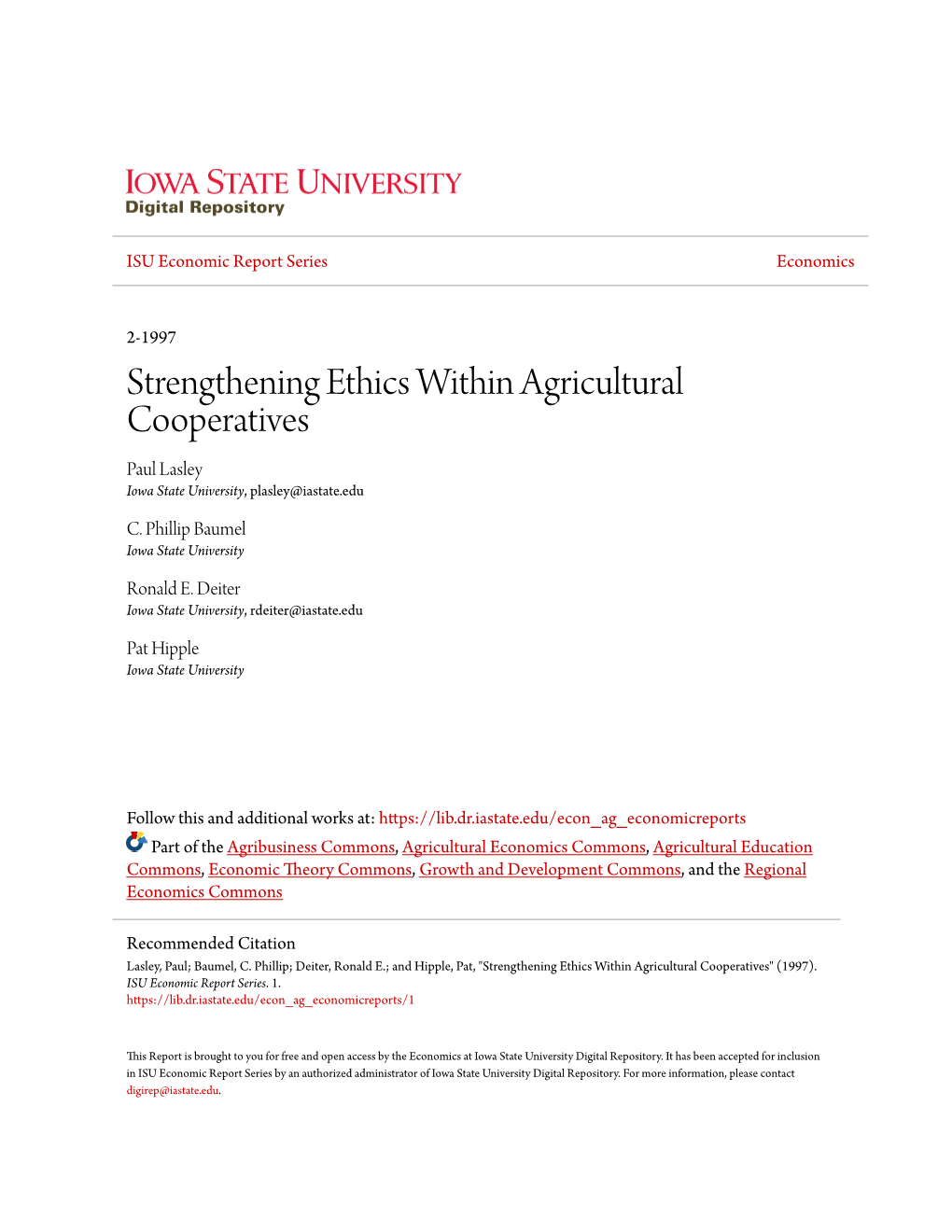 Strengthening Ethics Within Agricultural Cooperatives Paul Lasley Iowa State University, Plasley@Iastate.Edu