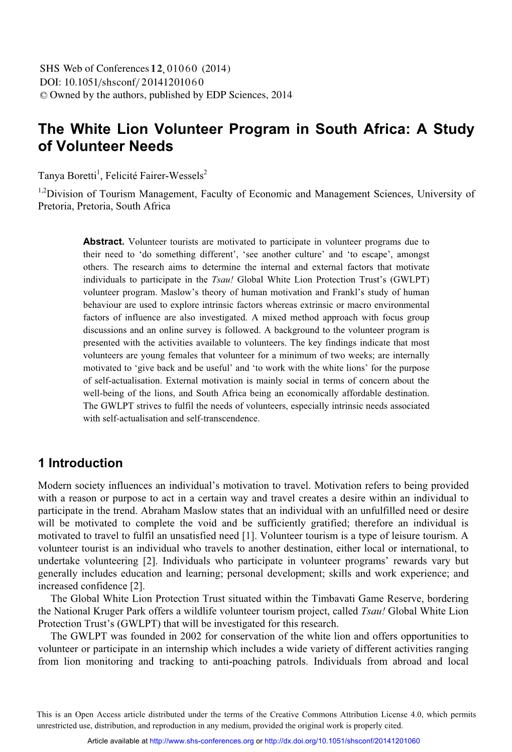 The White Lion Volunteer Program in South Africa: a Study of Volunteer Needs