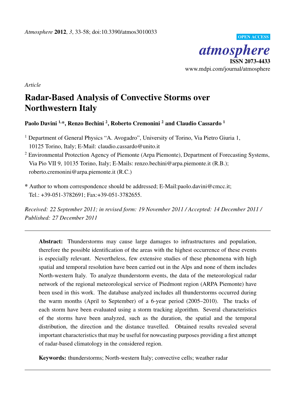 Radar-Based Analysis of Convective Storms Over Northwestern Italy