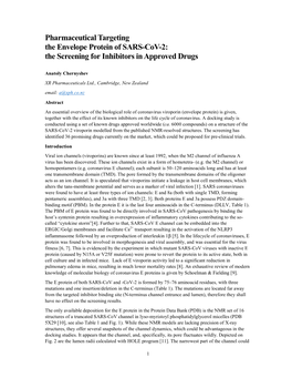Pharmaceutical Targeting the Envelope Protein of SARS-Cov-2: the Screening for Inhibitors in Approved Drugs
