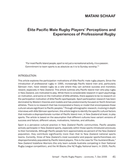 Matani Schaaf Élite Pacific Male Rugby Players' Perceptions And