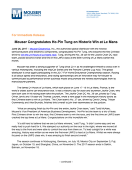 Mouser Congratulates Ho-Pin Tung on Historic Win at Le Mans
