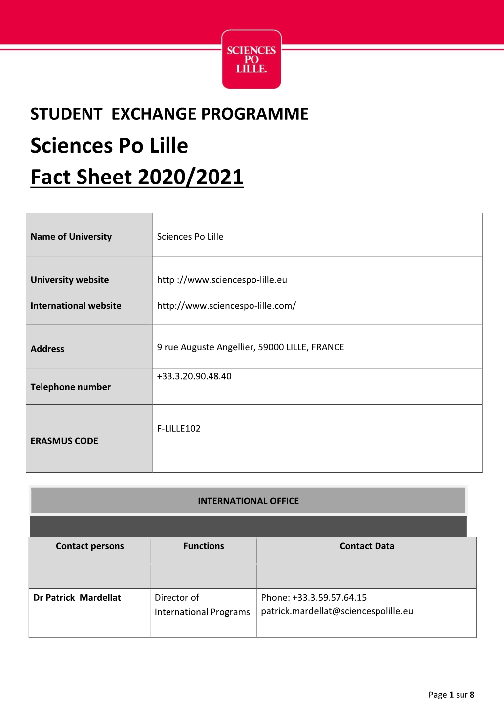 Sciences Po Lille Fact Sheet 2020/2021