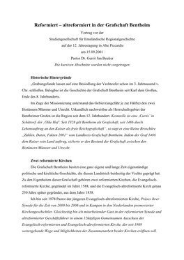 Reformiert – Altreformiert in Der Grafschaft Bentheim Vortrag Vor Der Studiengesellschaft Für Emsländische Regionalgeschichte Auf Der 12