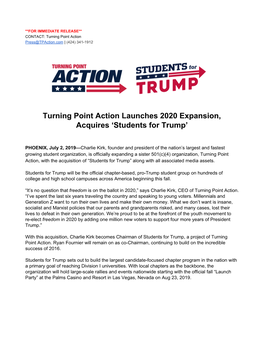 Turning Point Action Launches 2020 Expansion, Acquires 'Students For