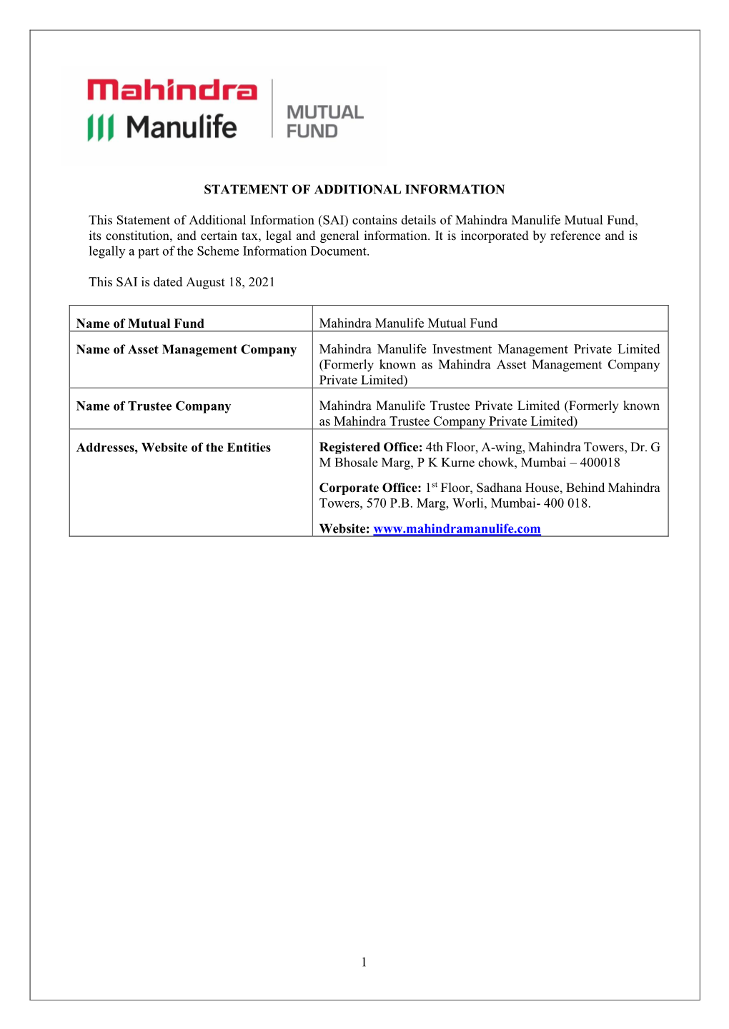 (SAI) Contains Details of Mahindra Manulife Mutual Fund, Its Constitution, and Certain Tax, Legal and General Information