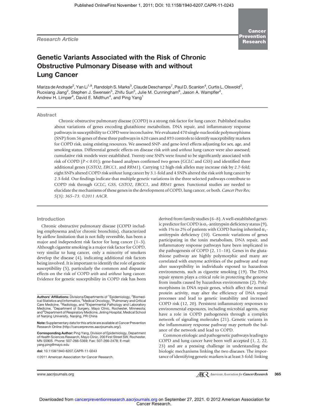 Genetic Variants Associated with the Risk of Chronic Obstructive Pulmonary Disease with and Without Lung Cancer