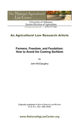 An Agricultural Law Research Article Farmers, Freedom, and Feudalism
