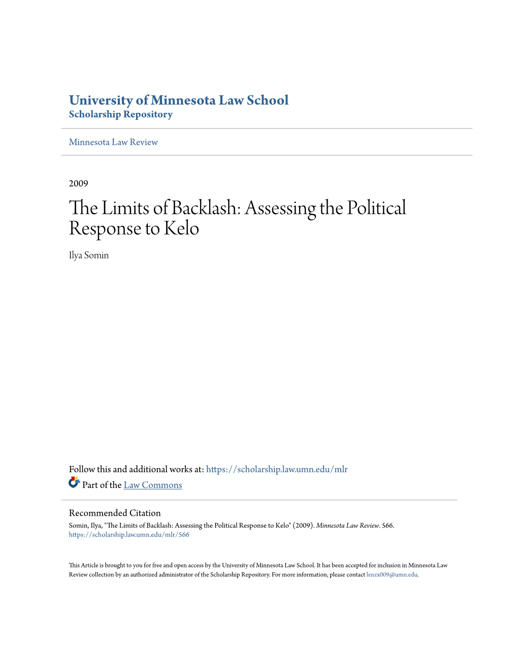 The Limits of Backlash: Assessing the Political Response to Kelo Ilya Somin