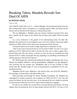 Breaking Taboo, Mandela Reveals Son Died of AIDS