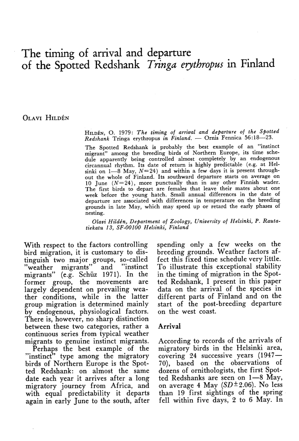 The Timing of Arrival and Departure of the Spotted Redshank Tringa Erythropus in Finland