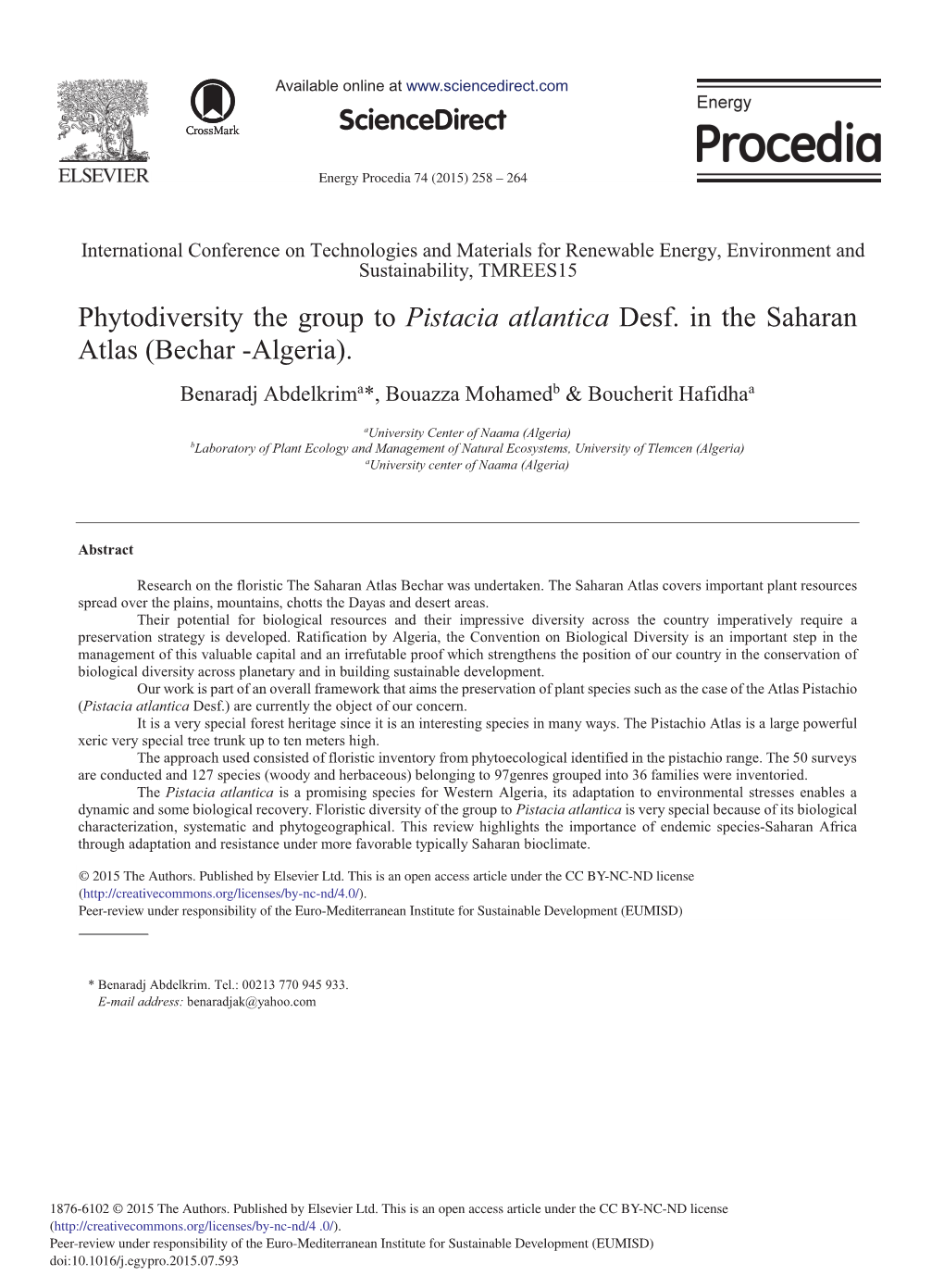 Phytodiversity the Group to Pistacia Atlantica Desf. in the Saharan Atlas (Bechar -Algeria)