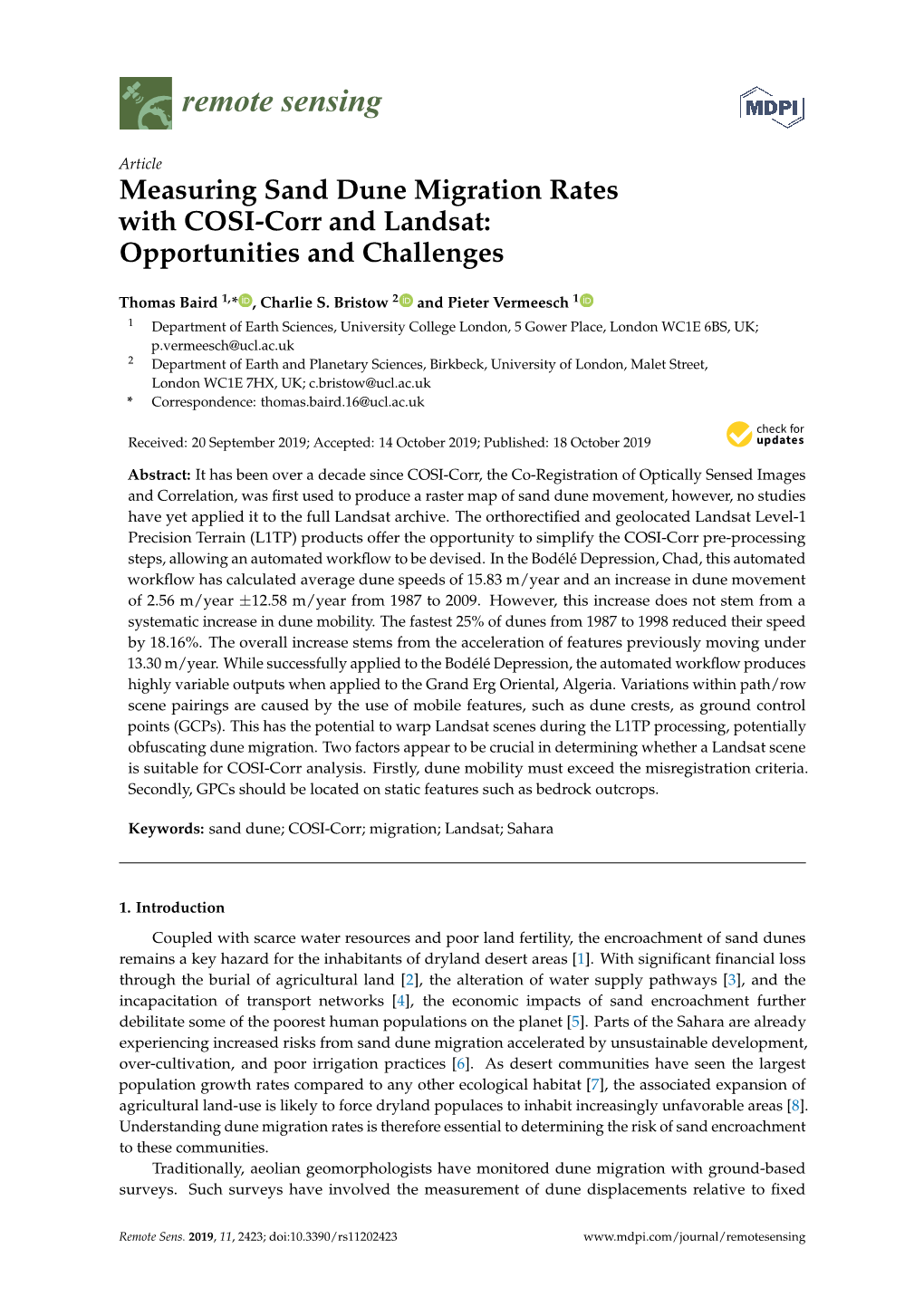 Measuring Sand Dune Migration Rates with COSI-Corr and Landsat: Opportunities and Challenges