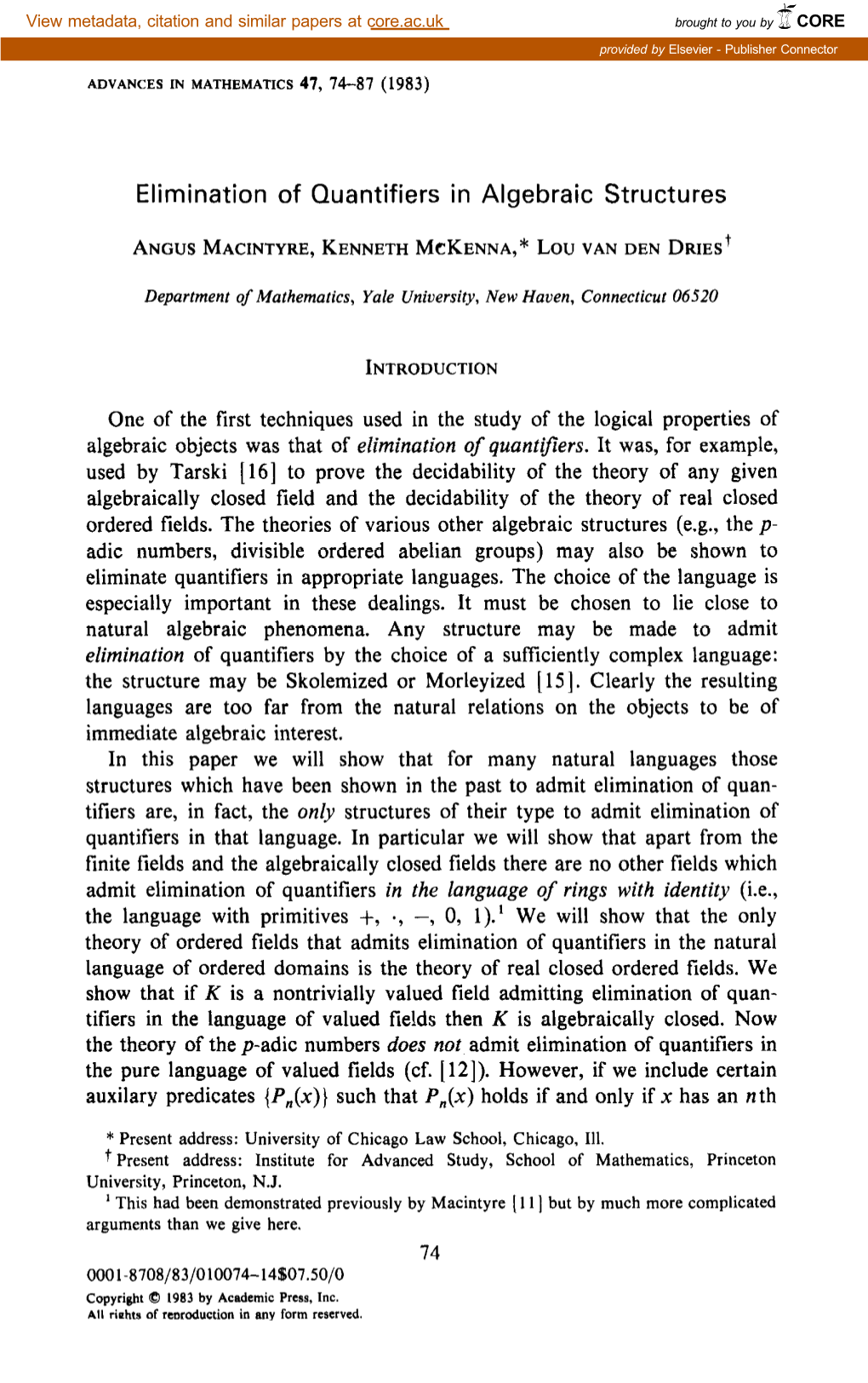 Elimination of Quantifiers in Algebraic Structures