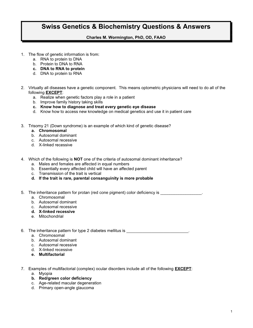 Swiss Genetics & Biochemistry Questions & Answers