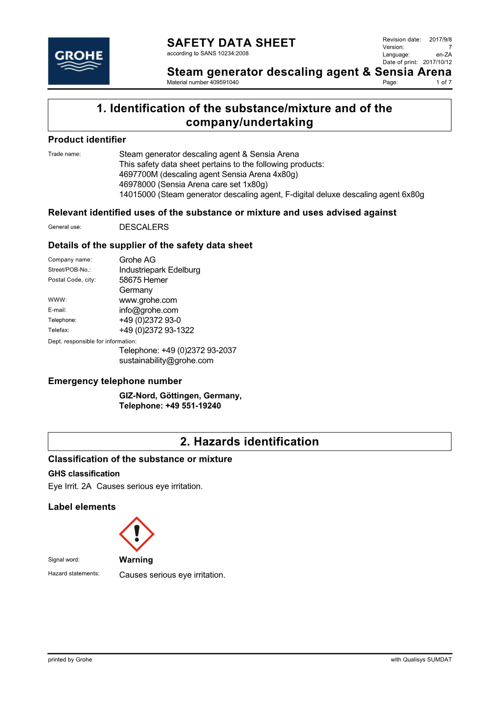 En-ZA Date of Print: 2017/10/12 Steam Generator Descaling Agent & Sensia Arena Material Number 409591040 Page: 1 of 7