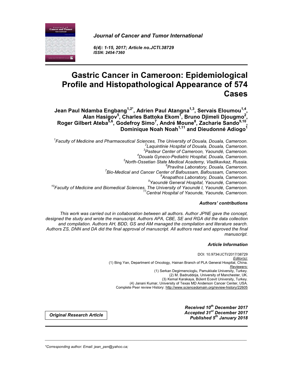 Gastric Cancer in Cameroon: Epidemiological Profile and Histopathological Appearance of 574 Cases