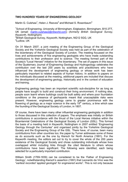 TWO HUNDRED YEARS of ENGINEERING GEOLOGY Martin G. Culshaw1, Helen J. Reeves2 and Michael S. Rosenbaum3 1School of Engineering