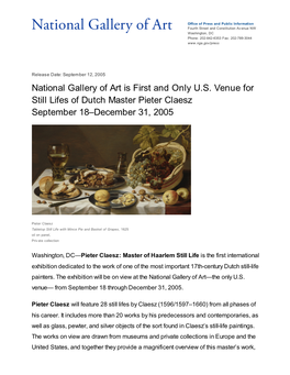 National Gallery of Art Is First and Only U.S. Venue for Still Lifes of Dutch Master Pieter Claesz September 18–December 31, 2005