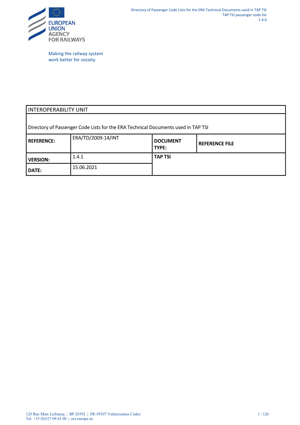 TAP TSI Passenger Code List 1.4.0