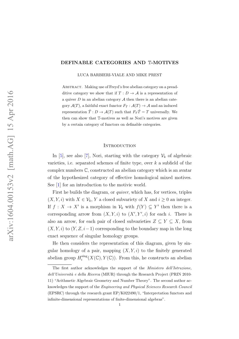 Definable Categories and T-Motives 3