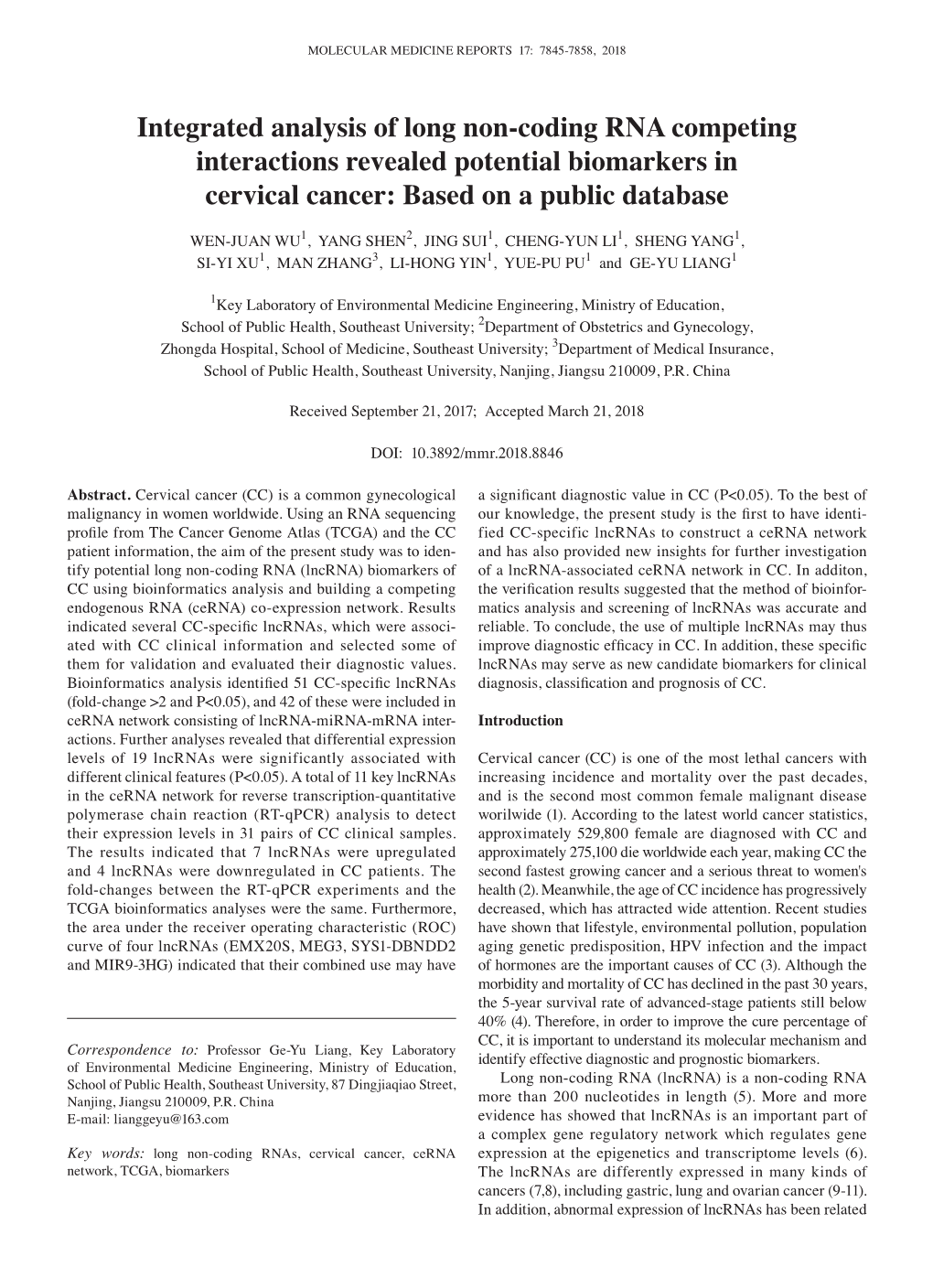 Integrated Analysis of Long Non‑Coding RNA Competing Interactions Revealed Potential Biomarkers in Cervical Cancer: Based on a Public Database