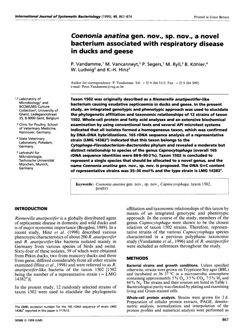Coenonia Anatina Gen. Nov., Sp. Nov., a Novel Bacterium Associated with Respiratory Disease in Ducks and Geese