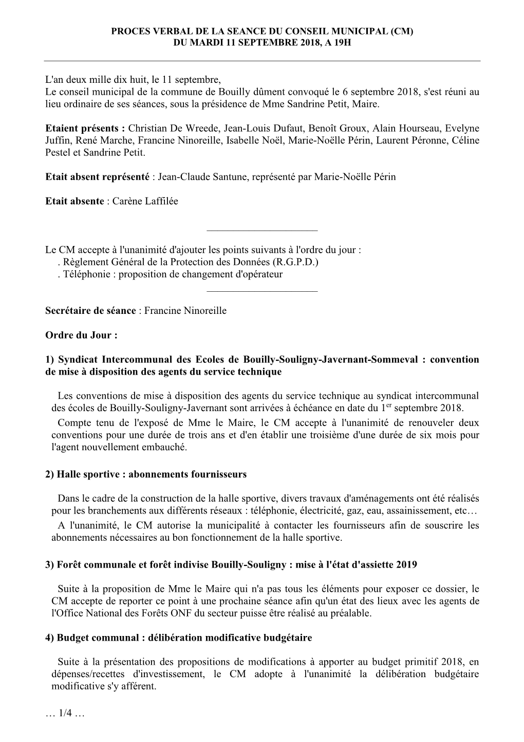 Proces Verbal De La Seance Du Conseil Municipal (Cm) Du Mardi 11 Septembre 2018, a 19H