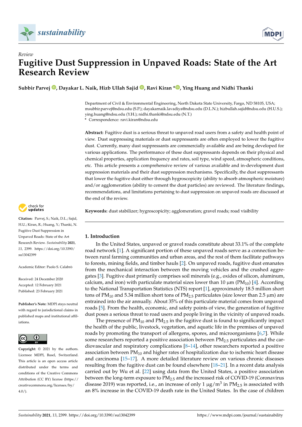 Fugitive Dust Suppression in Unpaved Roads: State of the Art Research Review