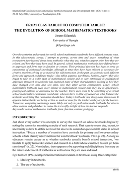 THE EVOLUTION of SCHOOL MATHEMATICS TEXTBOOKS Jeremy Kilpatrick University of Georgia Jkilpat@Uga.Edu