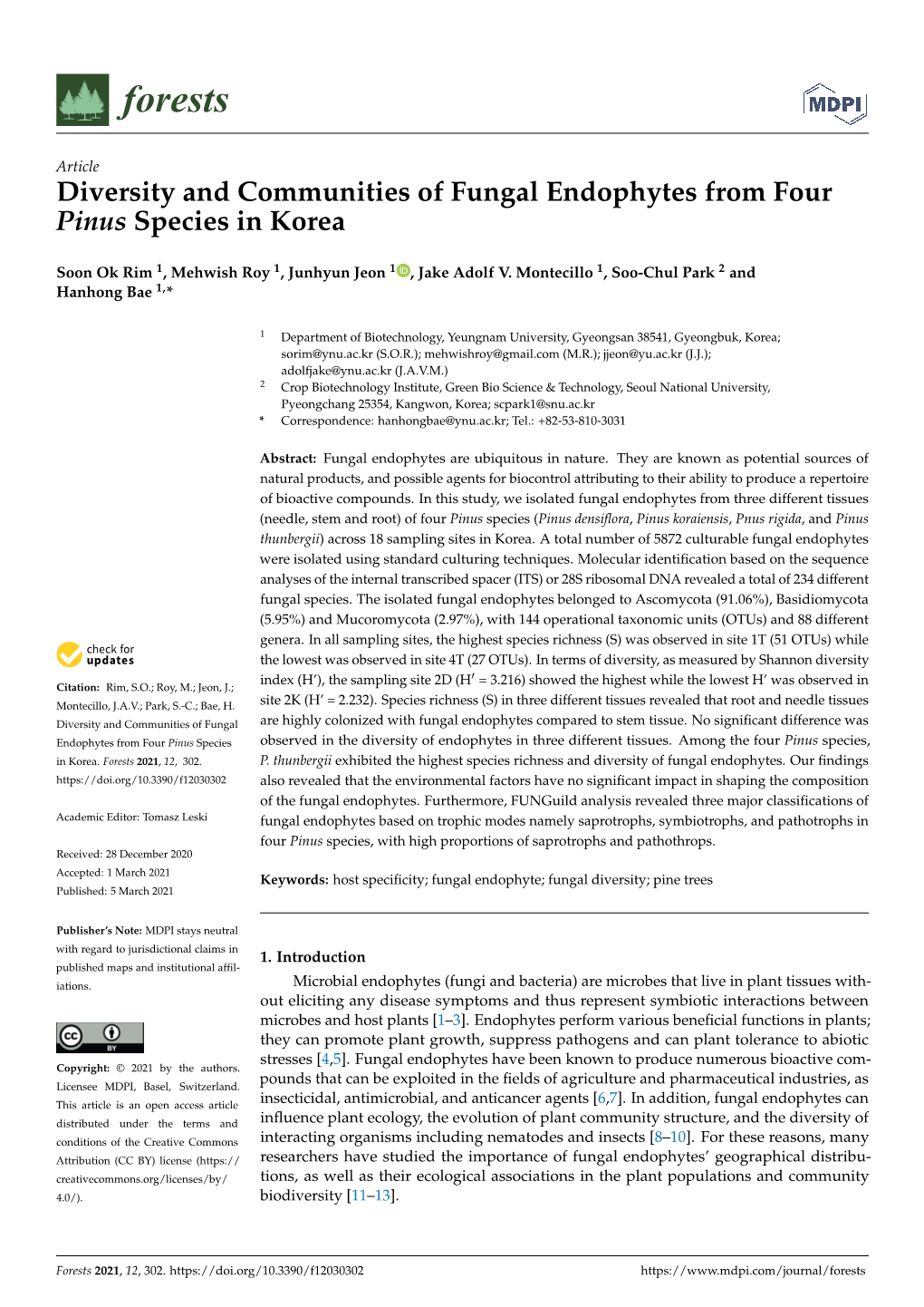Diversity and Communities of Fungal Endophytes from Four Pinus Species in Korea
