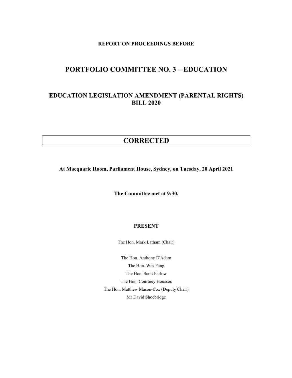 Portfolio Committee No. 3 – Education Corrected