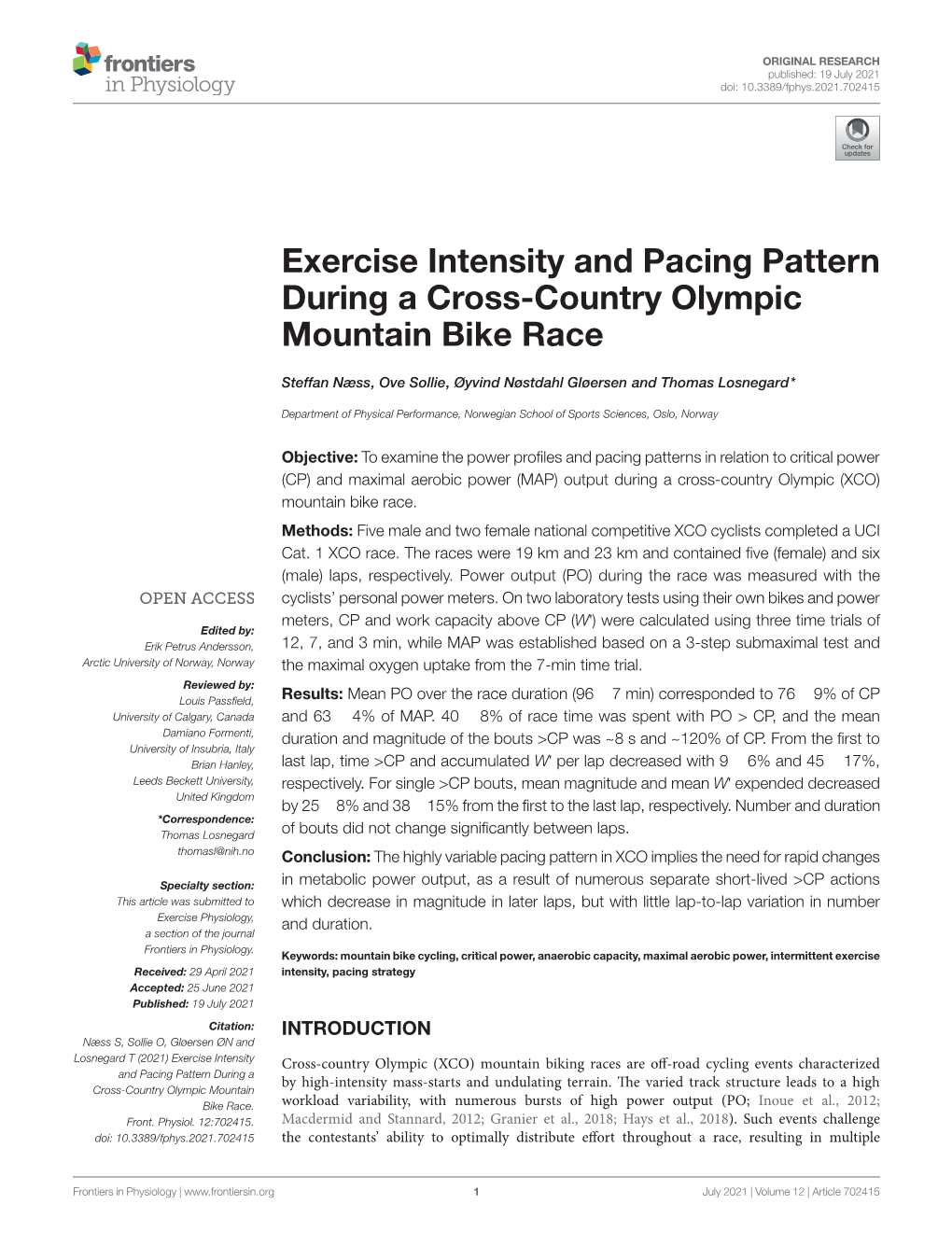 Exercise Intensity and Pacing Pattern During a Cross-Country Olympic Mountain Bike Race