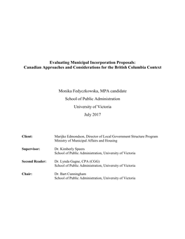 Evaluating Municipal Incorporation Proposals: Canadian Approaches and Considerations for the British Columbia Context