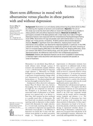 Short-Term Difference in Mood with Sibutramine Versus Placebo in Obese Patients with and Without Depression